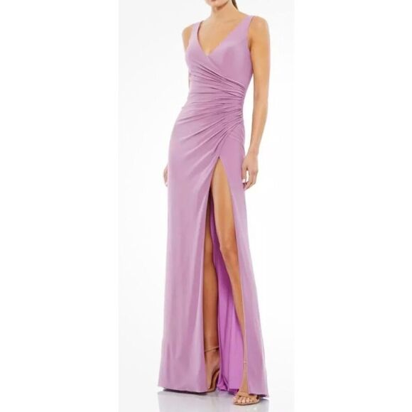 IEENA Mac Duggal V-Neck Ruched Stretch Jersey Gown in Lilac NWOT Size 6 - Picture 1 of 6